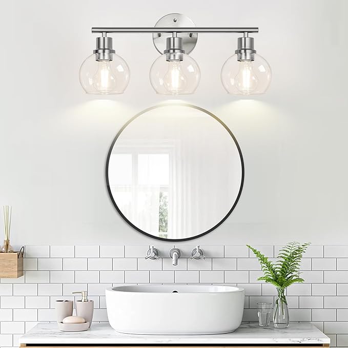 Indoi 3-Light Bathroom Light Fixtures, Brushed Nickel Modern Vanity Lights Over Mirror with Clear Glass Globe Shade, Bathroom Wall Sconces for Mirror Kitchen Living Room Hallway Cabinet Bedroom Porch