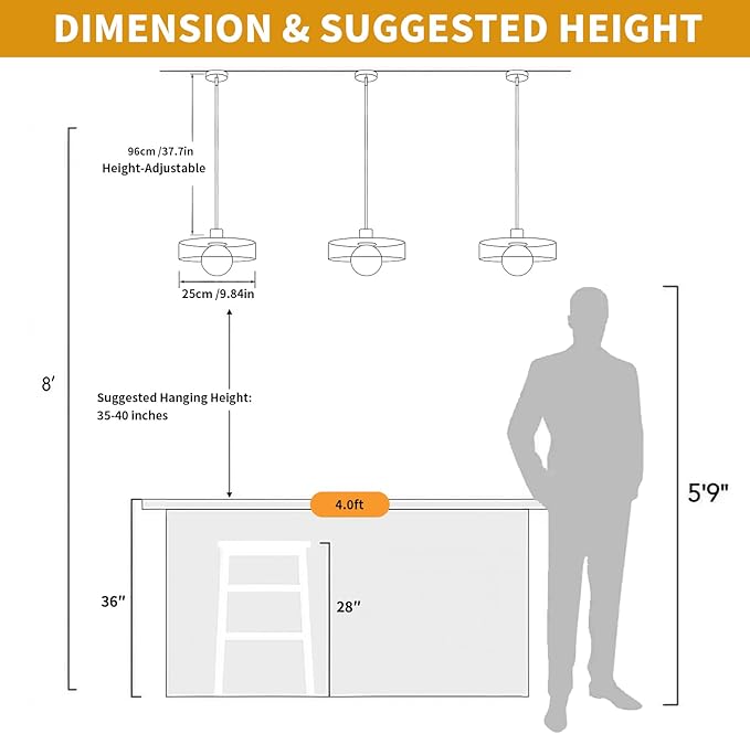Pendant Lights Kitchen Island: Mid-Century Modern Hanging Light Fixture - Glass Pendant Lamp for Entryway Dining Room Over Table Bedside (Orange, 25cm/9.84inch)