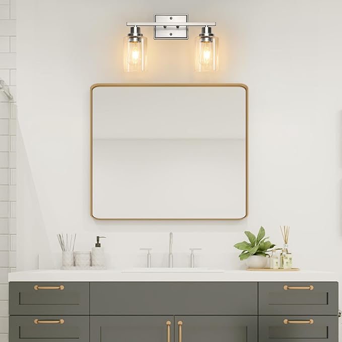Unicozin 2 Light Bathroom Light Fixtures, Modern Vanity Lights Over Mirror, Brushed Nickel Wall Lamp with Clear Glass for Living Room Cabinet Bedroom Porch