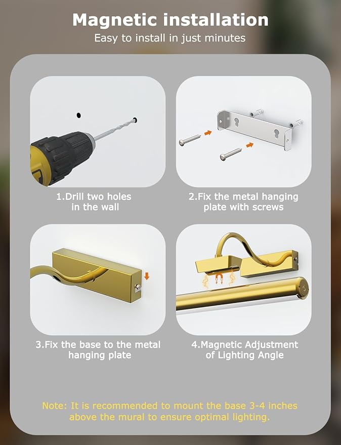16in Wireless Picture Light with Remote, Battery Operated Picture Lights for Wall 5000mAh, 3 Color Modes and Dimmable LED Art Lighting with Timer for Painting, Frame, Gallery, Bedroom (Gold-2Pack)