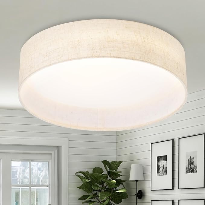 Hamilyeah Flush Mount Ceiling Light Fixture 24W, Dimmable LED Ceiling Light with Beige Fabric Shade 5CCT, 12 inch Drum Light Fixture Ceiling Mount for Living Room, Kitchen, Bathroom, Bedroom