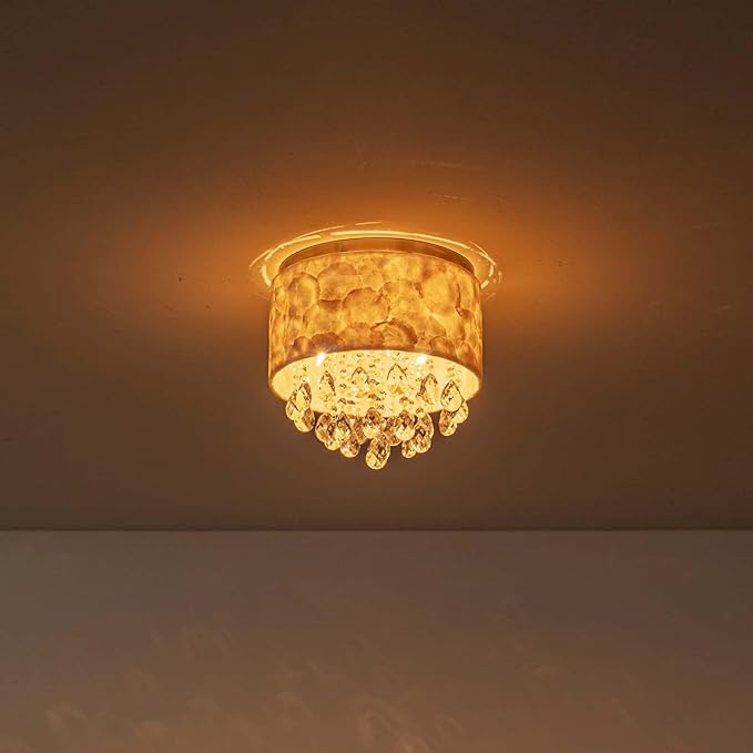 3-Light Capiz Shell Drum Crystal Ceiling Light, D12xH11 Inch, Coastal Design Close to Ceiling Flushmount Light Fixture for Dining Room, Bedroom, Kitchen, Shell Lampshade & Gold Finish Frame
