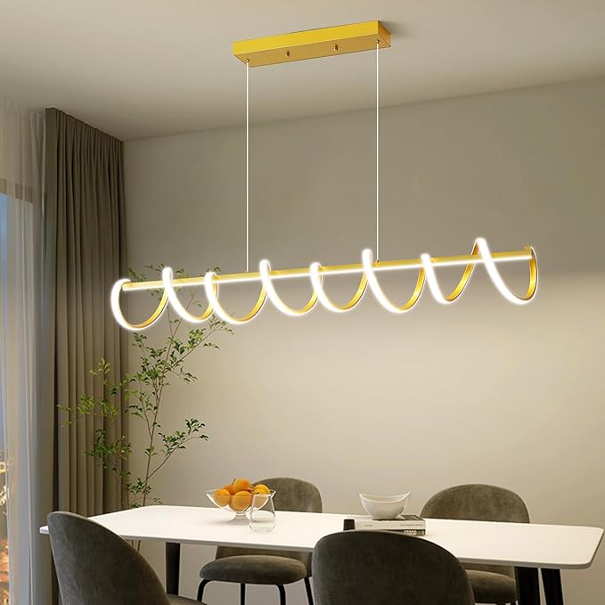 Modern Design Dimmable Desk Linear Pendant Light, with Remote Control Dimmable 3 Color Mode & Brightness Ceiling Lamp, Anti-Flicker Dining Light Fixture for Kitchen(47IN,Gold)
