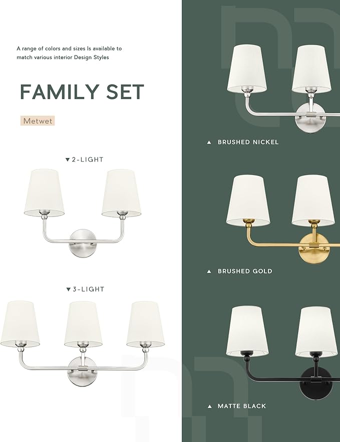 2-Light Bathroom Light Fixtures, Brushed Nickel Vanity Lights, Double Wall Sconce with Beige Fabric Shade, Modern Sconces Wall Lighting for Hallway Bedroom Stairway, VL837-BN-B-2