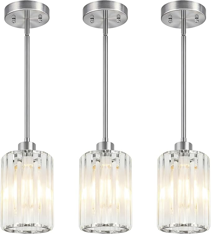 3 Pack Brushed Nickel Pendant Lights Kitchen Island, Modern Crystal Chandelier Kitchen Pendant Lighting Over Island, Adjustable Hanging Mini Light Fixtures for Dining Room Hallway Corridor Bedroom