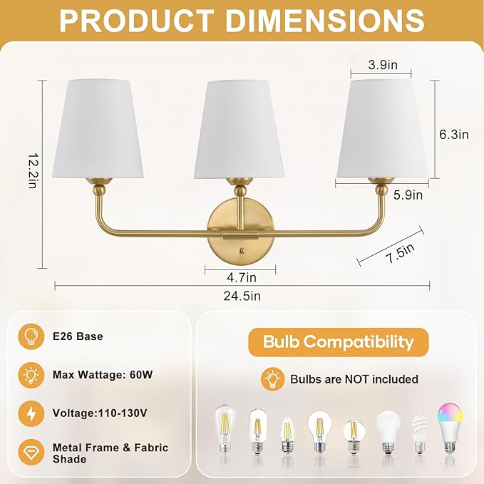Bathroom Light Fixtures, 3-Light Brushed Gold Vanity Lights, 24.5" Bathroom Lighting Fixtures Over Mirror with Flared White Fabric Shade, Modern Wall Sconces for Bedroom Living Room Hallway