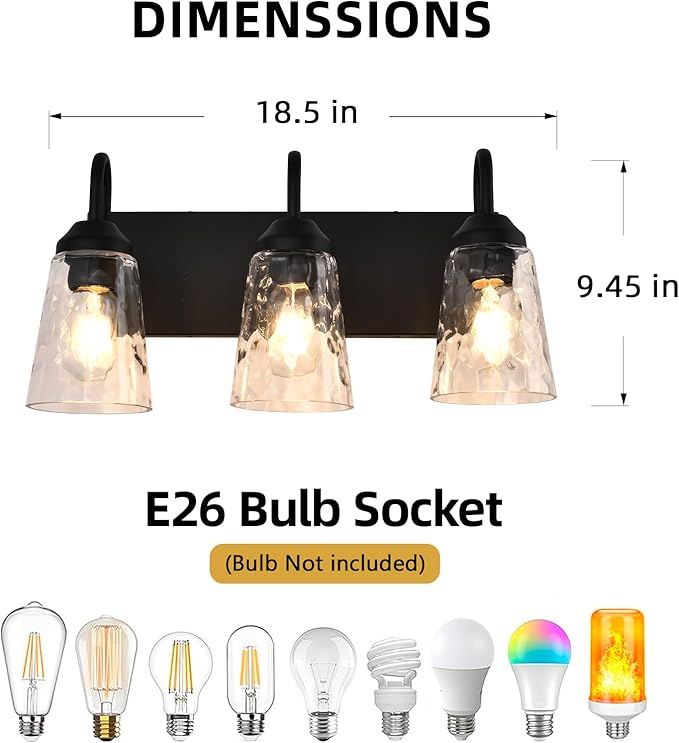 3-Light Bathroom Light Fixtures, Coastal Vanity Lights with Crystal Glass Shade, Black Bathroom Wall Lamp for Mirror Kitchen Hallway Bedroom