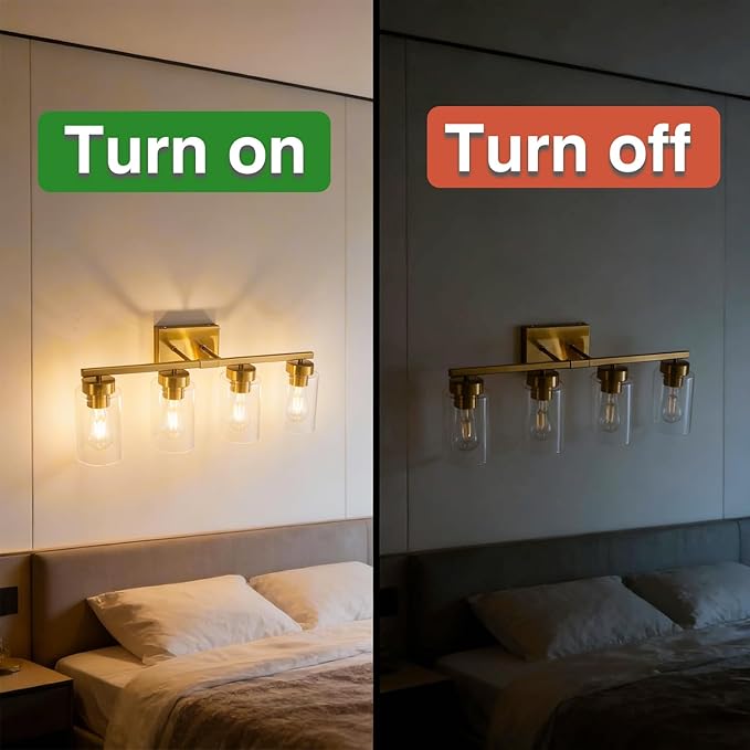4-Light Bathroom Light Fixtures, Gold Modern Vanity Lights Over Mirror, Bathroom Wall Sconces with Clear Glass Shade for Living Room Bedroom Hallway Cabinet Porch