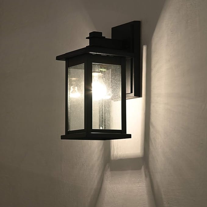 MICSIU 2-Pack Black Outdoor Wall Sconce, 12-Inch Modern Square Exterior Light Fixtures with Clear Seedy Glass, Anti-Rust Waterproof Outside Wall Mount Lantern for House, Porch, Garage, E26 Base