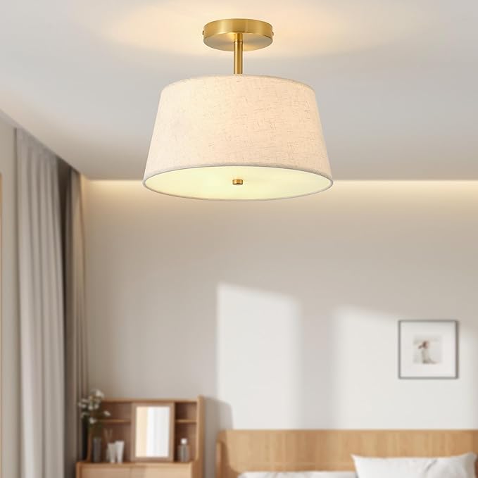 12.6" Gold Semi Flush Mount Ceiling Light Fixture, Modern Close to Ceiling Light with Fabric Lamp Shade for Bedroom Hallway Nursery Living Room Kitchen Island(T-Shape Gold)