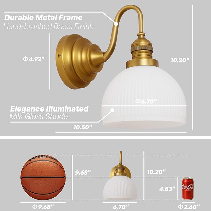 Gold Wall Sconces,Hardwire Bathroom Vanity Light with Striped Bowl Milk Glass Vintage Brass Wall Mounted Lamp Lights for Bathroom Mirror Living Room Bedroom Kitchen E26 Indoor