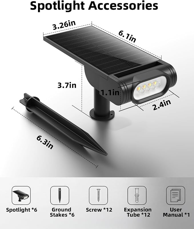 EZVALO Solar Spot Lights Outdoor IP67 Waterproof, Adjustable Solar Landscape Lights, 3 Lighting Modes Solar Spotlights for Outside Yard Garden Plant Trees Pathway Flag (Cool White-6Pack)