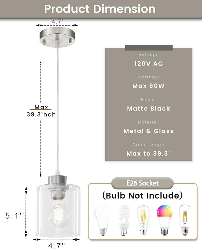 1 Light Hanging Pendant Light Fixtures, Adjustable Brushed Nickel Pendant Lights Kitchen Island, Modern Farmhouse Light Fixtures for Dining Room, Clear Glass Shade, E26 Base, 2 Packs