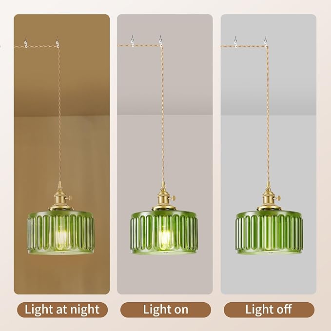 Plug in Pendant Light, Hanging Lights with Plug in Cord, Hanging Light Fixture with Clear Glass, E26 Pendant Lighting for Kitchen Island, Bedroom, Dining Room, Living Room-Green