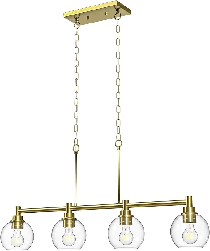 VONLUCE Dining Room Light Fixture Over Table, 4-Light Kitchen Island Lighting with Round Glass Shades & Adjustable Hanging Heights, Linear Chandlier for Dining Room Kitchen, Gold, ETL Certificated