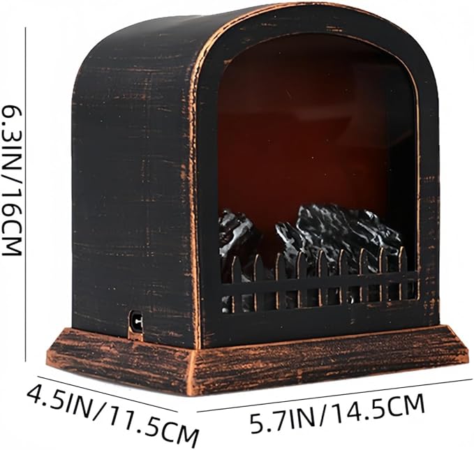 Simulated LED Fireplace Lantern USB & Battery Powered Flameless Light with Emulation Flame Table Decorative Lamp Copper Fireplace Ornament for Cozy Home Decor Free Standing Electric Log Burner