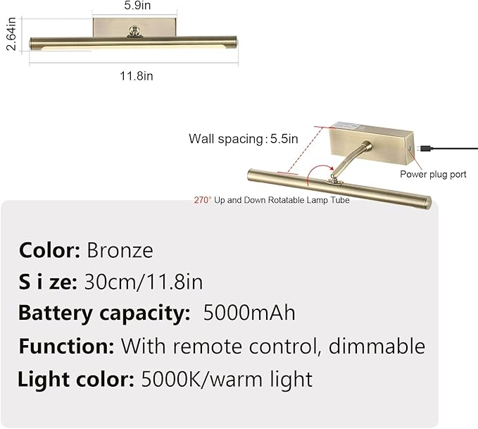 Picture Light for Wall Battery Operated, 12" Rechargeable Art Light with Remote and Timer for Painting, 3 Color Temps, Wireless Wall Light for Display, Artwork, Portrait, Gallery, Gold