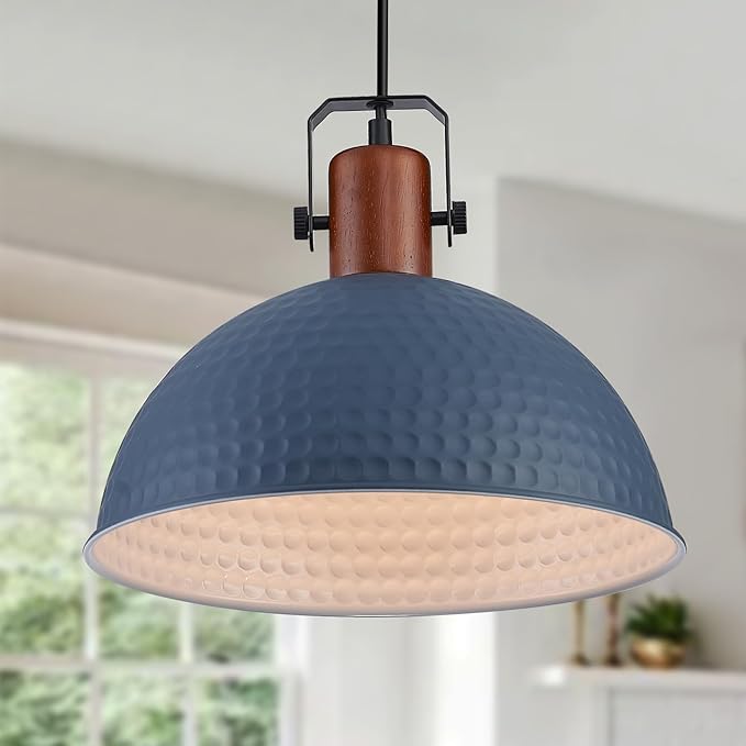 12 Inch Blue Pendant Lights Hammered Matte Pendant Lights for Kitchen Island Industrial Farmhouse Adjustable Height Dome Hanging Light Fixtures for Barn, Dining Room 1 Pack
