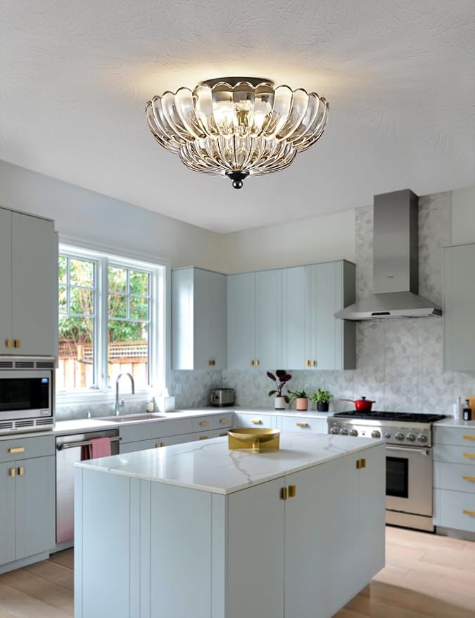 Semi Flush Mount Ceiling Light, Smoky Gray Glass Ceiling Light Fixture, 3-Bulb Modern Black Close to Ceiling Light, Vintage Glass Ceiling Lights for Bedroom Kitchen Living Room, Bulb Not Included