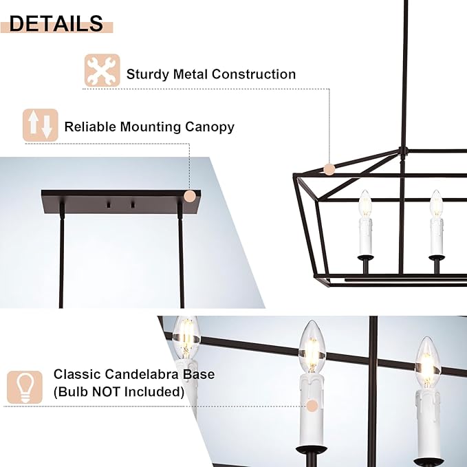 6-Light Kitchen Island Pendant Lighting Fixture, Farmhouse Linear Chandelier for Dining Room Over Table, Oil Rubbed Bronze & E12 Bulb Base