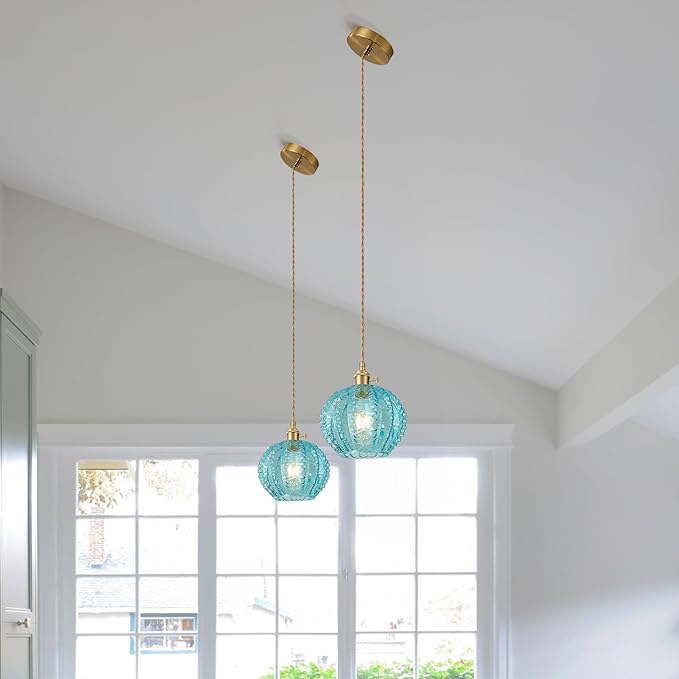 Blue Vintage Glass Ceiling Pendant Light Modern Small Globe Pendant Lights Hanging Light Fixture Applicable Staircases Lighting for Kitchen Sink Dining Room Bedroom Dining Room