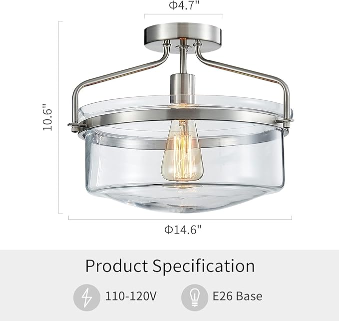 WUZUPS Chandelier 1-Light Semi-Flush Mount Ceiling Light Modern Lighting Fixture for Bedroom Hallway Bar Kitchen Bathroom, H 10.6" x W 14.6", E26 Base, Brushed Nickel