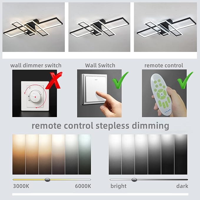 SMG Modern LED Ceiling Lights Fixture for Bedroom, 35" Remote Control Dimmable Led Chandelier, Flush Mount Square Design Ceiling Lamp for Kitchen Living Room Black
