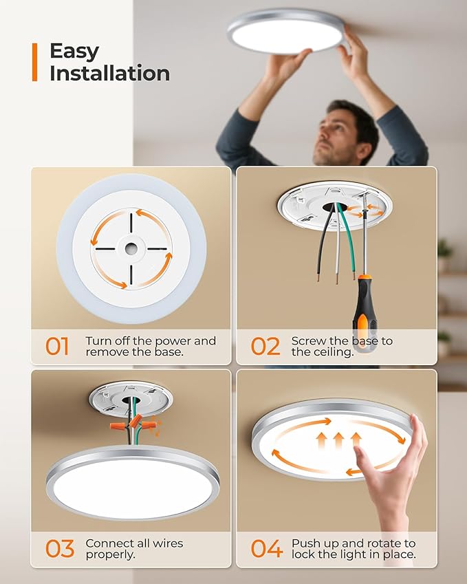 Matane 12 Inch LED Flush Mount Ceiling Light Fixture with Night Light, 24W 2400LM 3000K/4000K/5000K Selectable, Dimmable Ceiling Lights for Bedroom, Dining Room, Kitchen, Round Silver
