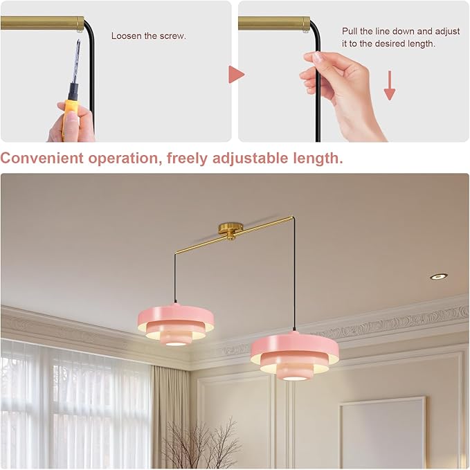 Pink 2-Light Pendant Light Industrial Chandelier, Vintage Adjustable Hanging Lights Modern Pendant Lamp for Kitchen Island, Dining Room, Bedroom, Entryway