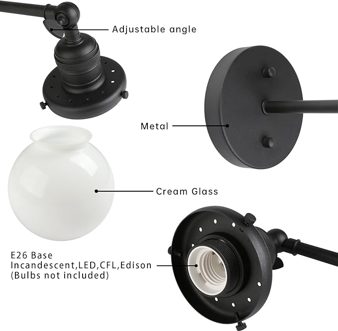 Phansthy 1-Light Wall Sconce, Brass Boho Bathroom Vanity Light, Modern Wall Light with Globe Glass Shade E26 Base, Adjustable Wall Lighting Fixtures for Bedroom, Living Room (Black, White Shade)
