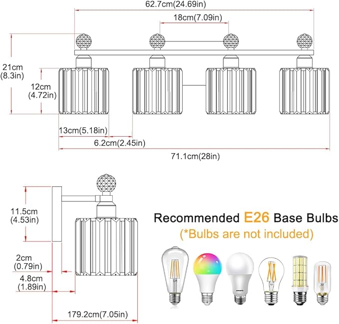 Modern Balck and Gold Crystal Bathroom Vanity Light, 4-Lights Bathroom Light Fixtures, Vanity Light Fixtures Over Mirror, Glass Wall Sconce Light for Bedroom, Kitchen, Living Room, Gallery, E26 Base