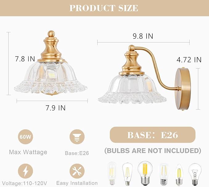 Vintage Wall Sconce Light, Gold Brass Bathroom Sconces Wall Lighting, Antique Wall Light Fixture with Clear Flower Glass Shades, Indoor Wall Sconces for Living Room Bedroom, 1-Light Wall Lamp
