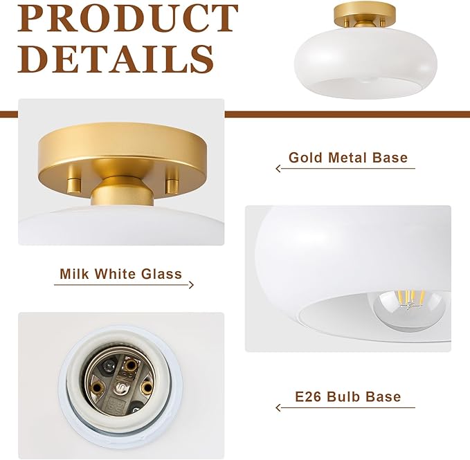 Mid-Century Modern Gold Semi Flush Mount Ceiling Light, Kitchen Ceiling Light Fixture with Glass Shade, Mini White Close to Ceiling Lamp for Entryway Hallway Bathroom (8.66 Inch)