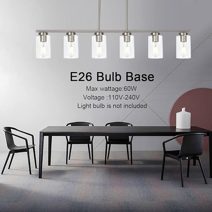 TODOLUZ 6-Light Kitchen Island Lighting with Clear Glass Shades, Modern Linear Pendant Light Fixture for Dining Room Pool Table, Brushed Nickel Finish