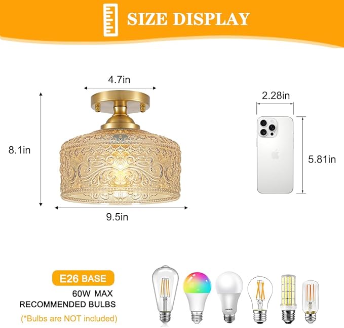Small Semi Flush Mount Ceiling Light Fixture, Vintage Gold Close to Ceiling Lighting with Amber Etched Glass Shade for Hallway, Kitchen, Entryway (Retro Design, Easy Install)
