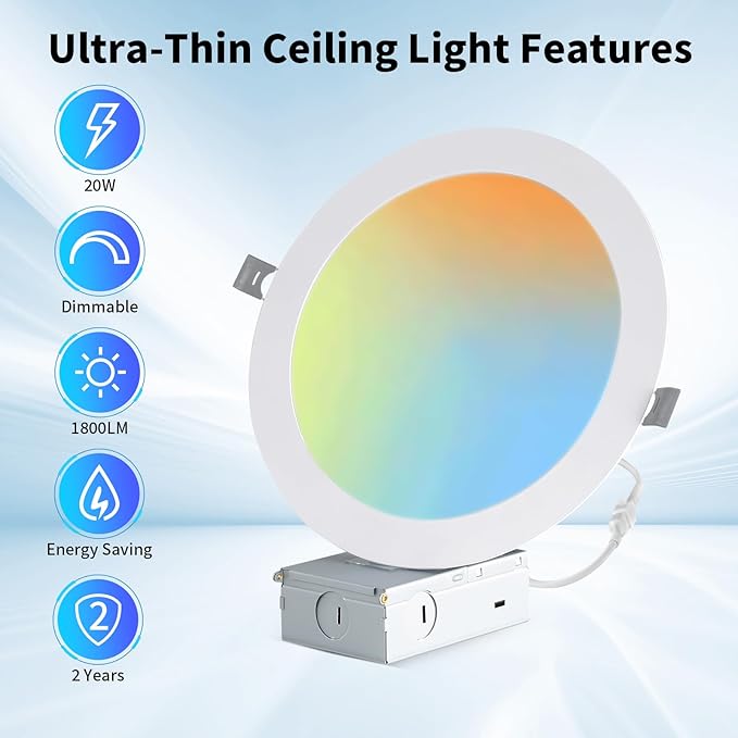 LZHOME 24 Packs 8 Inch Recessed LED Light: Ultra Thin LED Recessed Lighting with Junction Box, 3000K/4500K/6000K Selectable,Ceiling Light, High Brightness 1800LM Dimmable Canless LED Downlight
