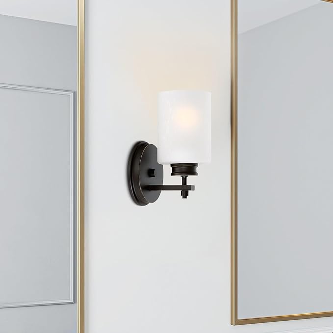 Kira Home Phoebe 8" Modern Wall Sconce with Frosted Seeded Glass Cylinder Shade, Industrial Wall Light with Cylinder Glass Shade, Oil-Rubbed Bronze Finish