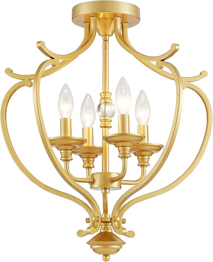 Modern 4-Light Vintage Antique Candle Ceiling Light, Light Fixture for Dining Room, Living Room, Bedroom, Gold Frame, Farmhouse Style, Maria Theresa Design, E12 Socket, D18*H20 inch