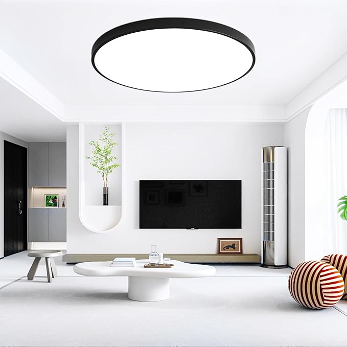 20 Inch Flush Mount Ceiling Light Fixture, Dimmable with Remote, 3000K-6500K Adjustable Color, 36W 3600Lm Ultra Thin Modern Round LED Ceiling Light, Black for Bedroom, Kitchen, Living Room