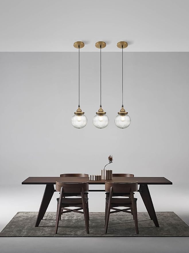 Yosoan 1-Light Vintage Kitchen Hanging Pendant Light Fixture, Single Hardwired Indoor Vanity Luxury Retro Textured Striped Round Glass Shade Samll Lamp for Dinning Room Living Room Island(Antique)