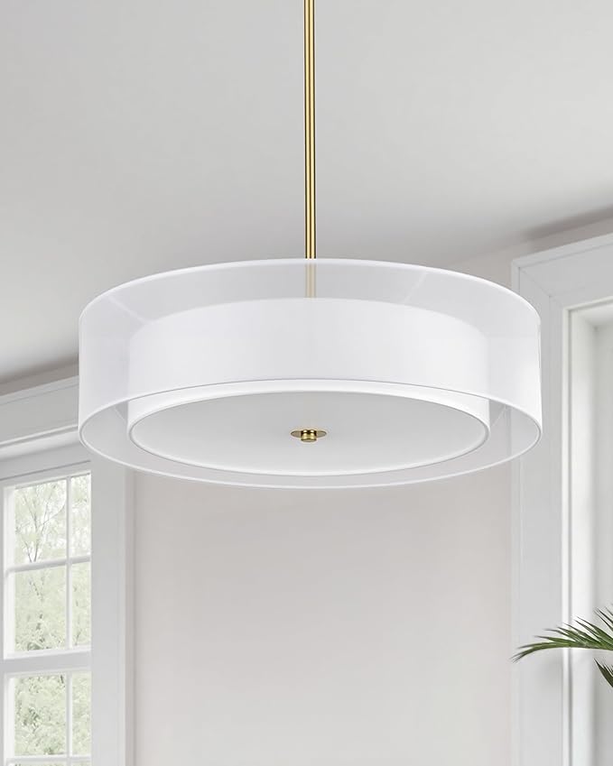 VONLUCE Drum Chandelier, 20" 3-Light Modern Chandelier with 2-Tier Fabric Lampshade, Modern Ceiling Light Fixture for Dining Room Bedroom Living Room with E26 Sockets, Gold Finish, ETL Certified