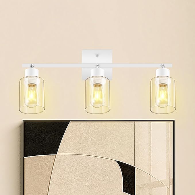 Track Lighting Kit, Track Lighting Fixtures Ceiling Kitchen, 23" White 3-Light Ceiling Spotlight with Clear Glass Shade, Rotatable Track Head, White Wall Lamp for Island, Vanity(E26 Base, No Bulb)