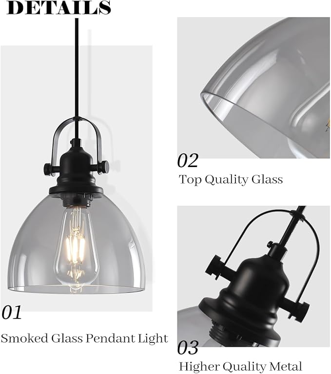 Smoke Gray Glass Pendant Lights Kitchen Island, 7.5 “Industrial Glass Pendant Lights 1-Pack, Modern Clear Kitchen Island Lighting, Light Pendants for Kitchen Island, Living Room, Bathroom