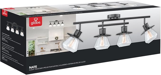 Globe Electric 59530 4-Light Complete Track Lighting Kit, Dark Bronze, Clear Glass Bell Shaped Shades, Ceiling Light Fixture, Ideal for Kitchen and Dining Room, LED Bulb Compatible