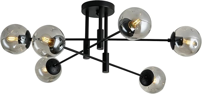 6-Light Glass Globe Sputnik Light Fixture Modern Matte Black Chandelier Semi Flush Mount Ceiling lamp for Living Room Kitchen Dining Room Farmhouse Bedroom