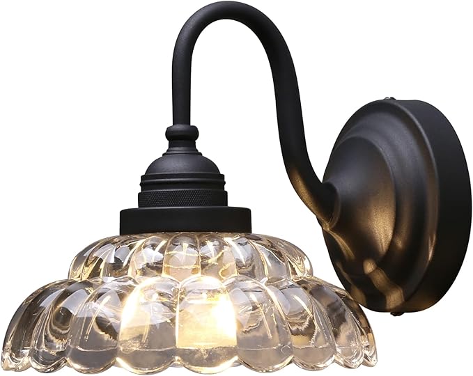PERMO Vintage Black Wall Sconce with Clrar Lotus Glass Shade Antique Sconces Hardwired Light for Bathroom, Bedroom, or Entryway
