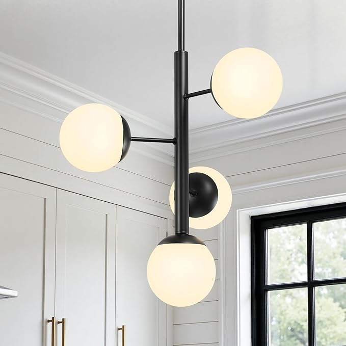 Modern Sputnik Chandelier Ceiling Light Fixture, 4-Light Semi Flush Mount Black Matte Chandelier with Globe Milky Frosted Glass Shade Adjustable Dining Room Sputnik Ceiling Light for Kitchen, Hallway