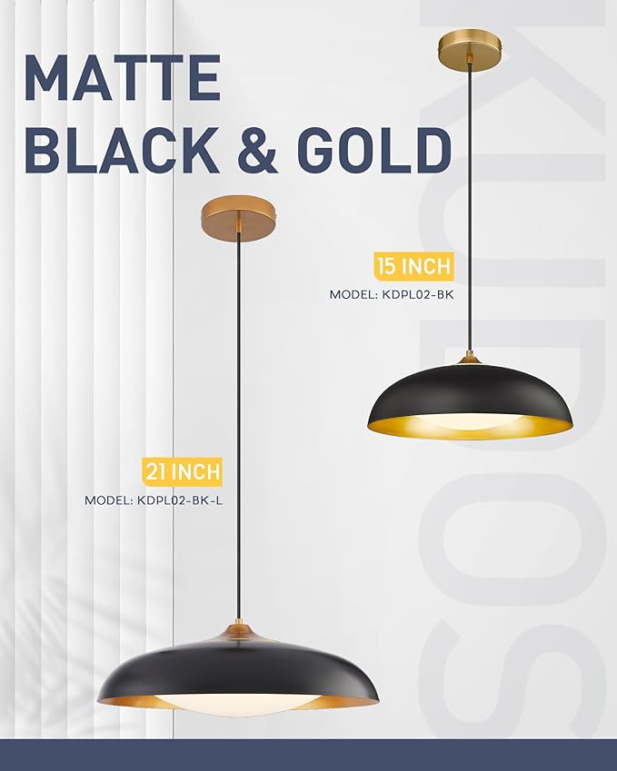 kudos 21 Inch Large LED Large Pendant Light, Black and Gold Dome Metal Pendant Light with Acrylic Shade, Farmhouse Pendant Light with Adjustable Cord,5CCT, Kitchen Bar Study Room, KDPL02-BK-L