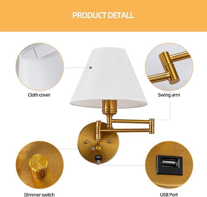 Swing Arm Wall Sconces, Plug-in Wall lamp,Bedroom Wall lamp , White Fabric Shade,,with dimmable Switch and USB Charging Port, Suitable for Bedside, Living Room, Reading (Golden)