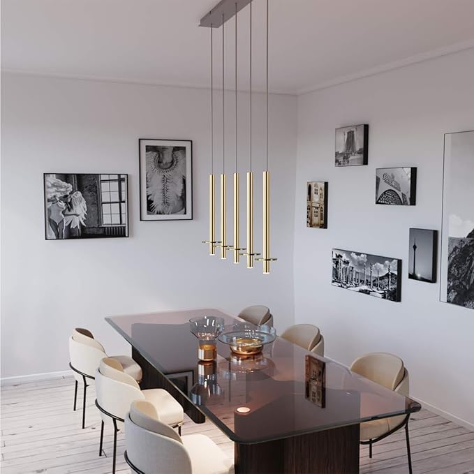 Draco 5 Pendant Lighting Brass – LED Hanging Light Fixture for Kitchen Island, Bar, Foyer – Equilateral Cluster of Mini Metal Rod Pipe Tube Cylinders – Dimmable, Adjustable Wire, Lamp Bulb Included